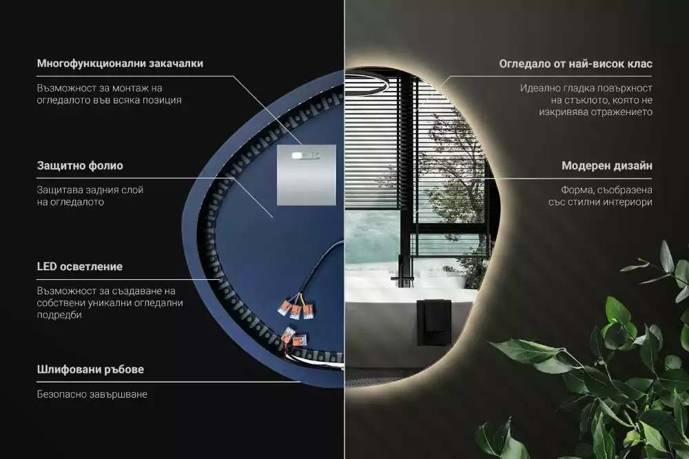 Oglindă asimetrică cu LED pentru perete