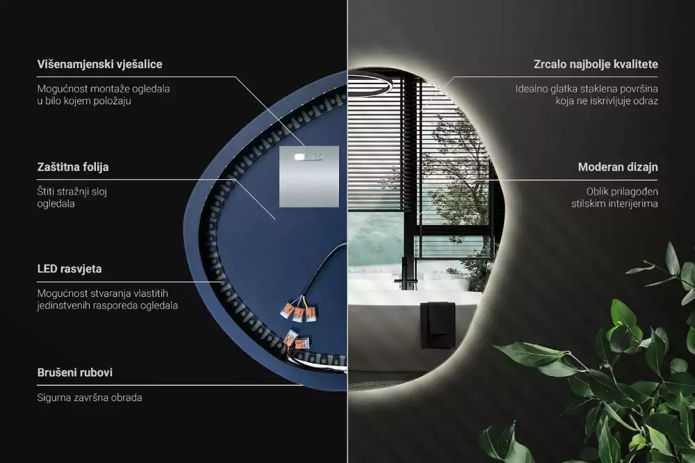 Oglindă asimetrică cu LED pentru perete