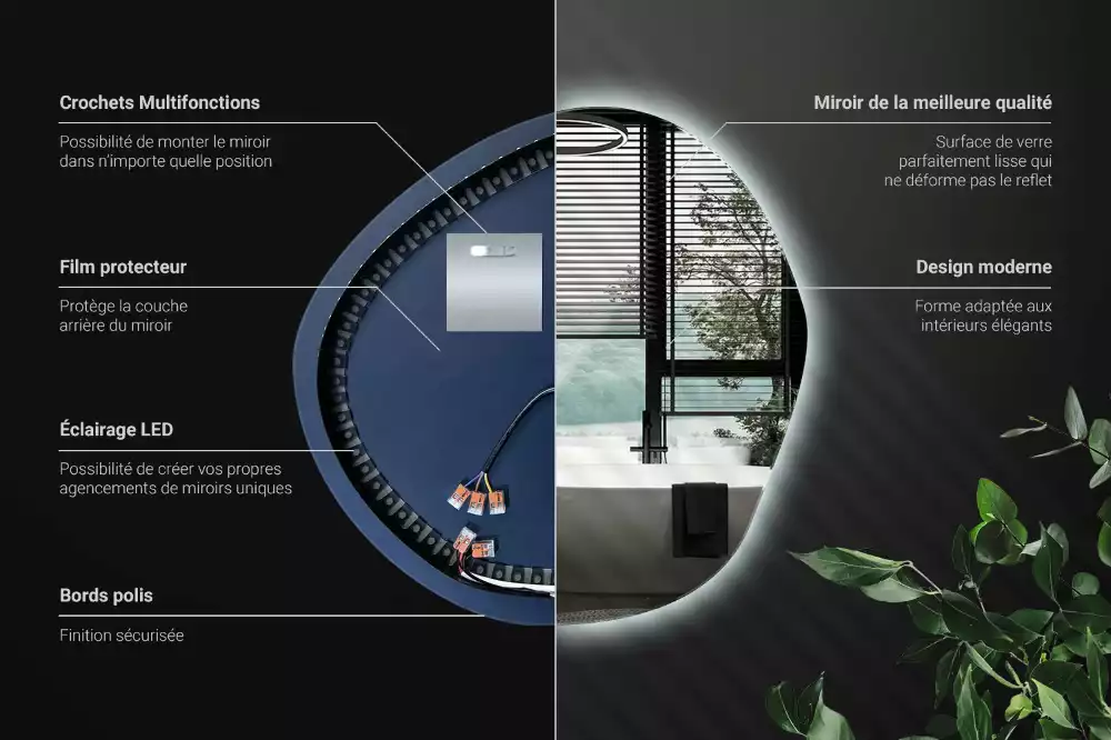 Oglindă asimetrică cu LED pentru perete