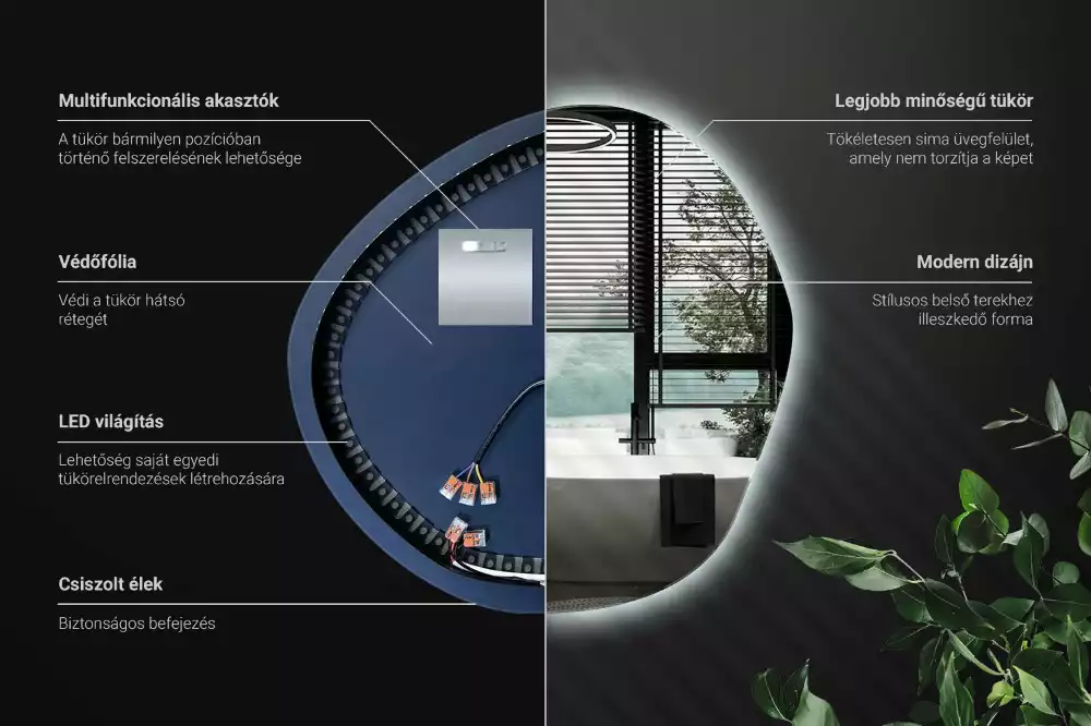 Oglindă asimetrică cu LED pentru perete