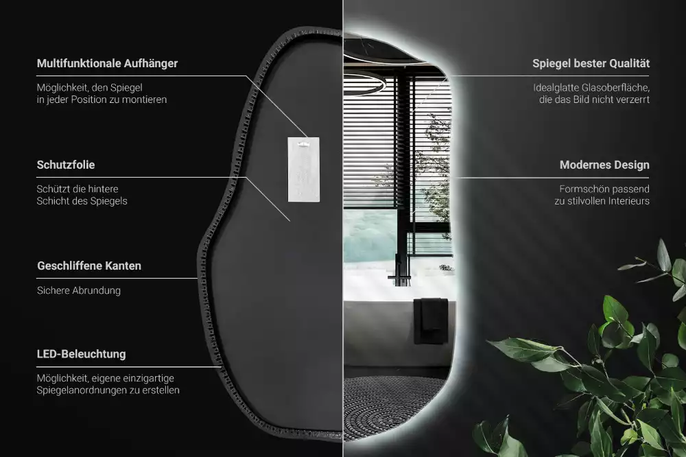 Oglindă în formă organică cu lumina elegantă decorativă