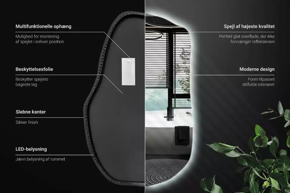 Oglindă în formă organică cu lumina elegantă decorativă