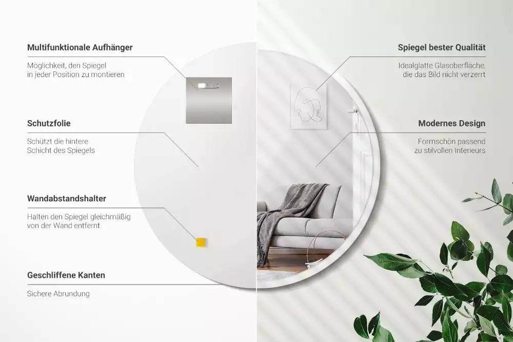 Oglindă rotundă atârnată într-un cadru alb