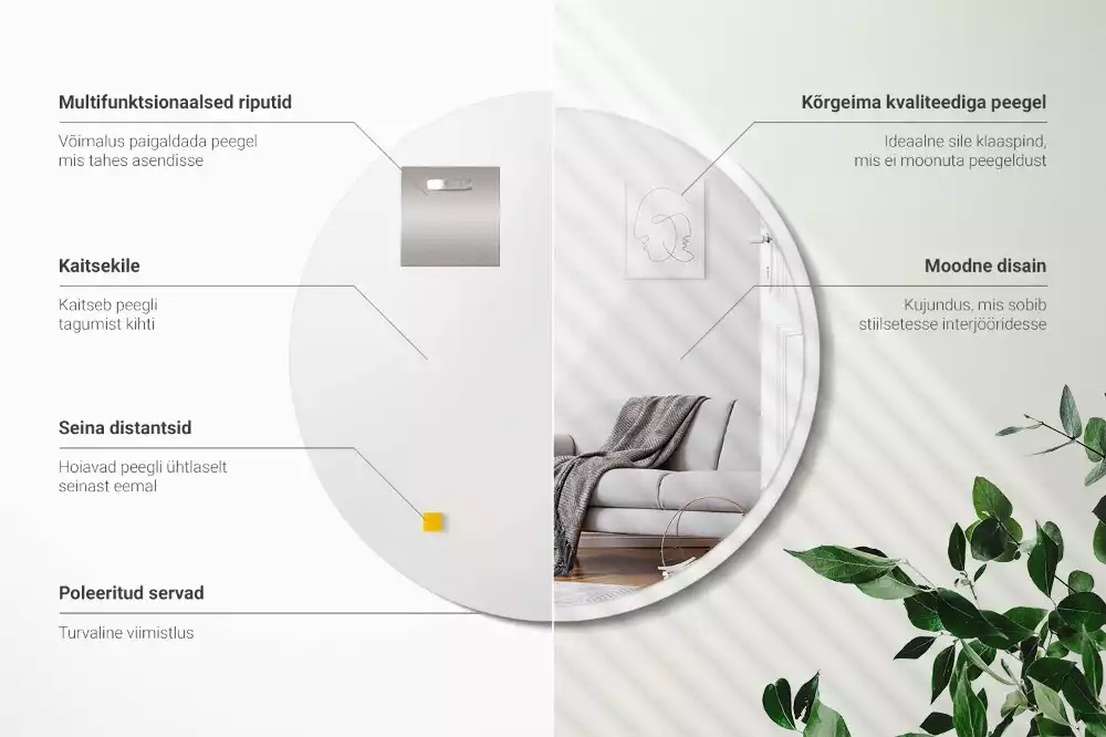 Oglindă rotundă atârnată într-un cadru alb