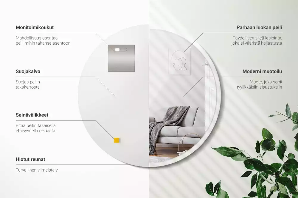 Oglindă rotundă atârnată într-un cadru alb