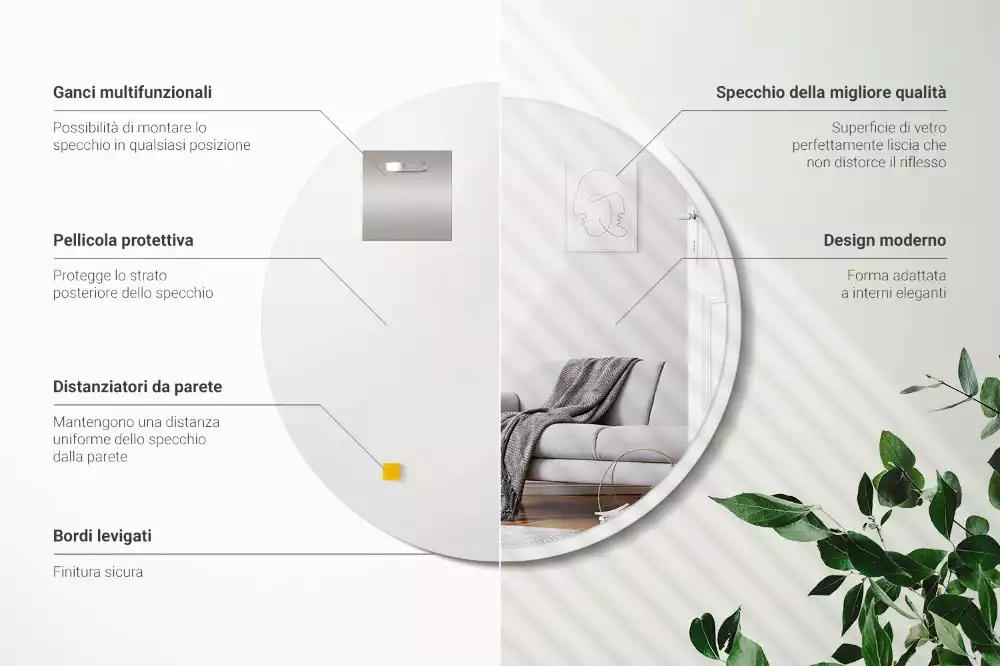 Oglindă rotundă atârnată într-un cadru alb