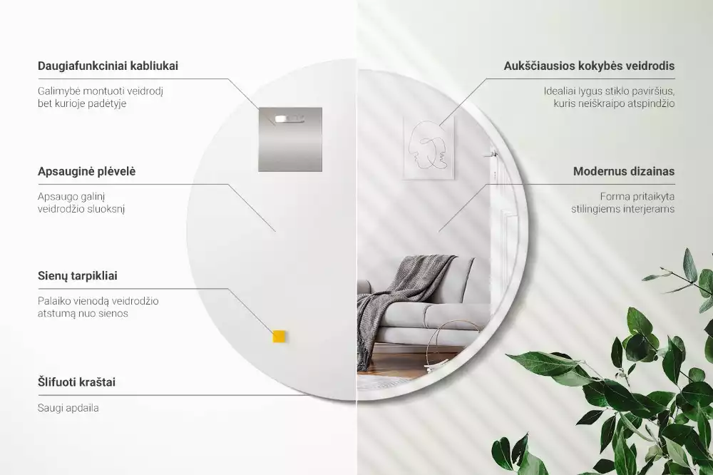 Oglindă rotundă atârnată într-un cadru alb