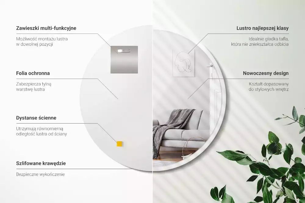 Oglindă rotundă atârnată într-un cadru alb