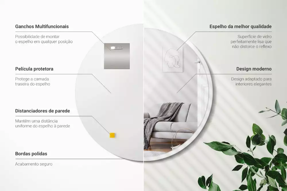 Oglindă rotundă atârnată într-un cadru alb