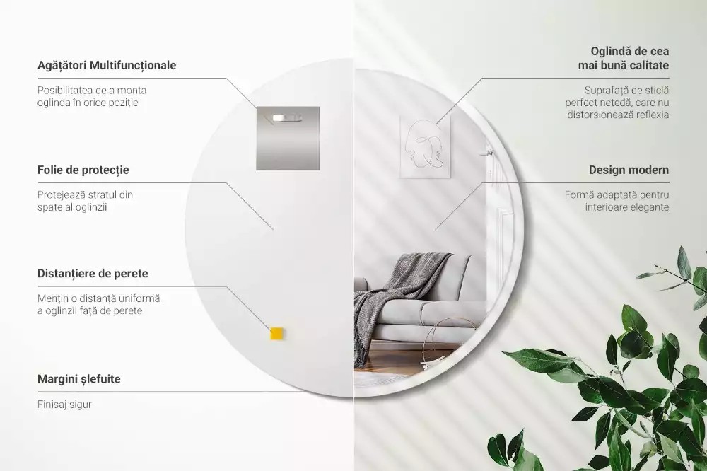 Oglindă rotundă atârnată într-un cadru alb