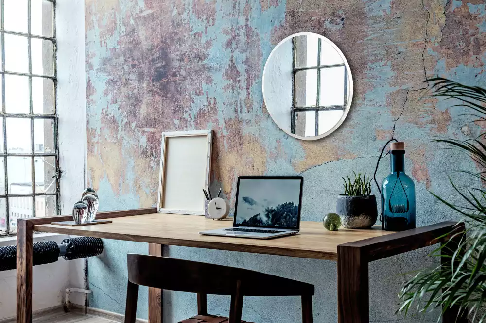 Oglindă rotundă atârnată într-un cadru alb