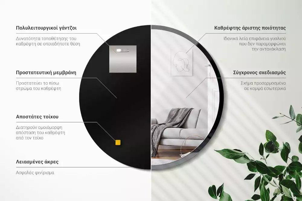 Oglindă rotundă de perete într-un cadru negru