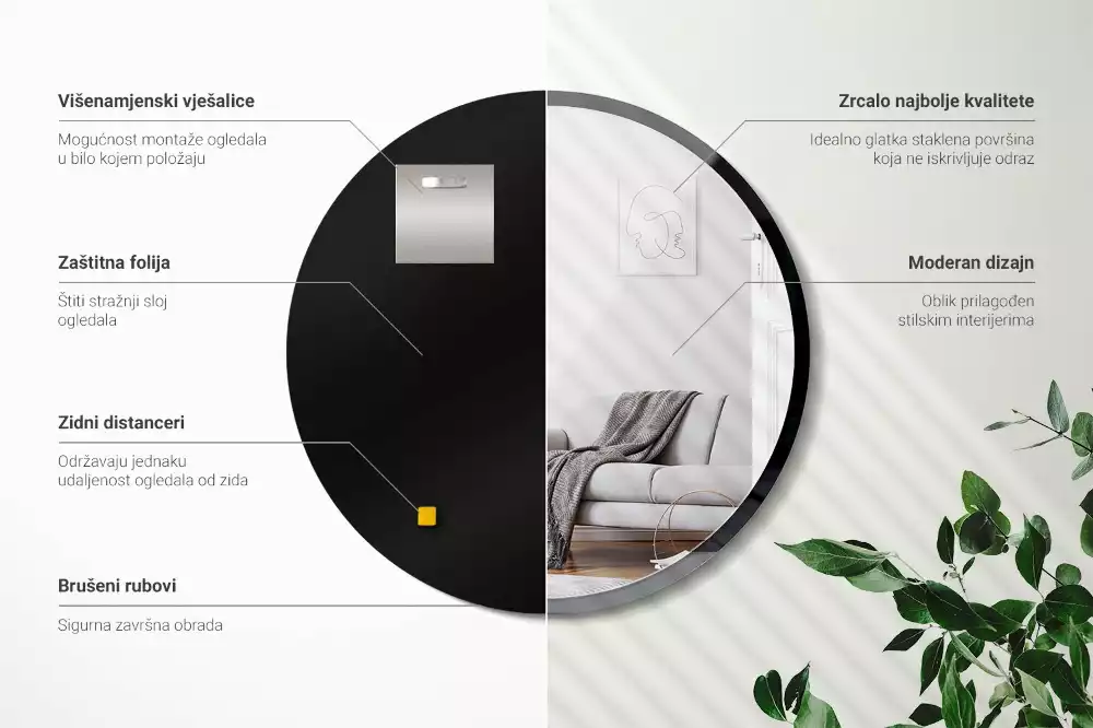 Oglindă rotundă de perete într-un cadru negru