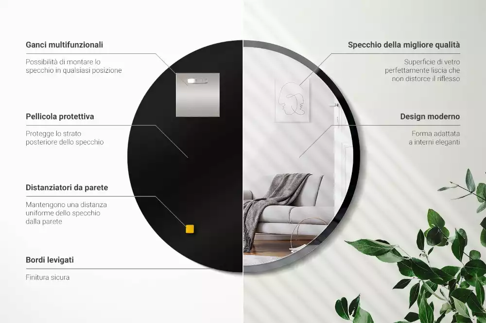 Oglindă rotundă de perete într-un cadru negru