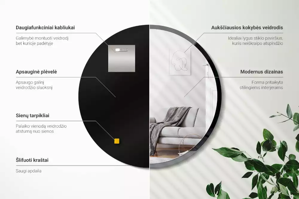 Oglindă rotundă de perete într-un cadru negru