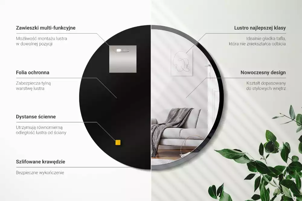 Oglindă rotundă de perete într-un cadru negru