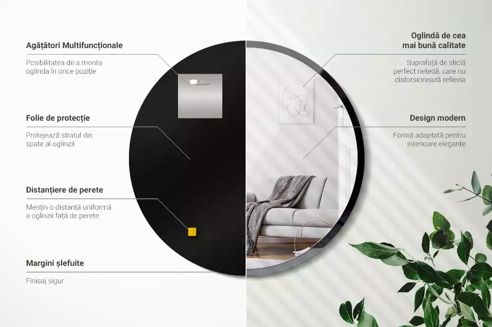 Oglindă rotundă de perete într-un cadru negru