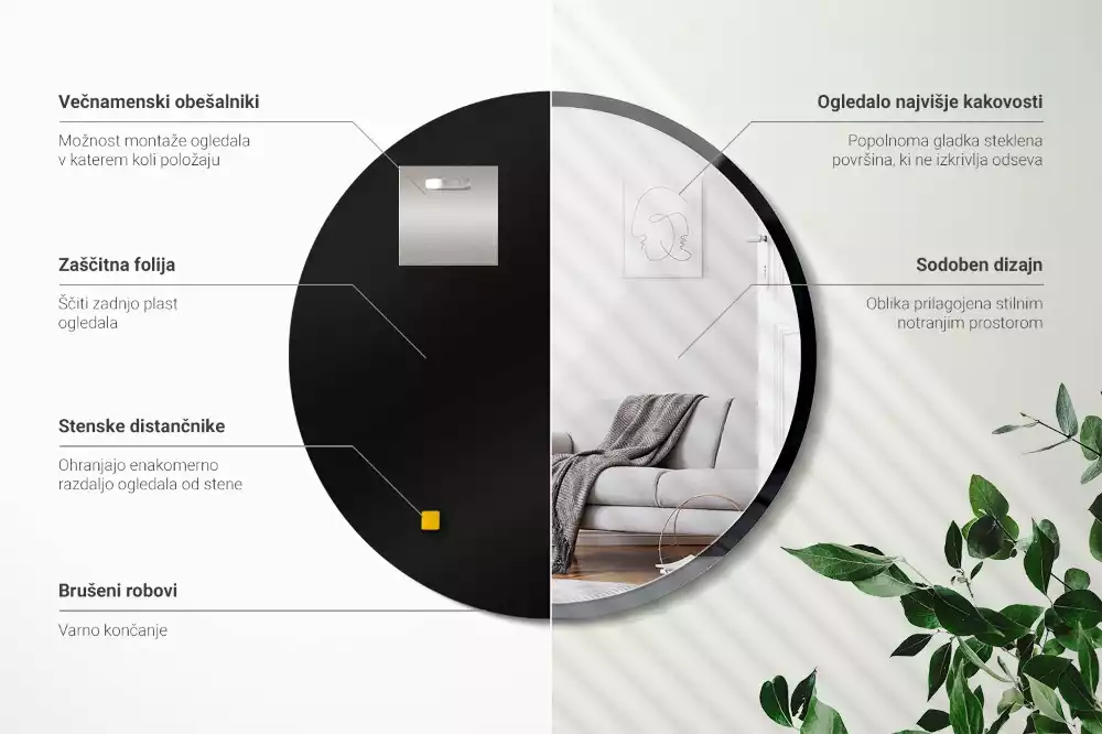 Oglindă rotundă de perete într-un cadru negru