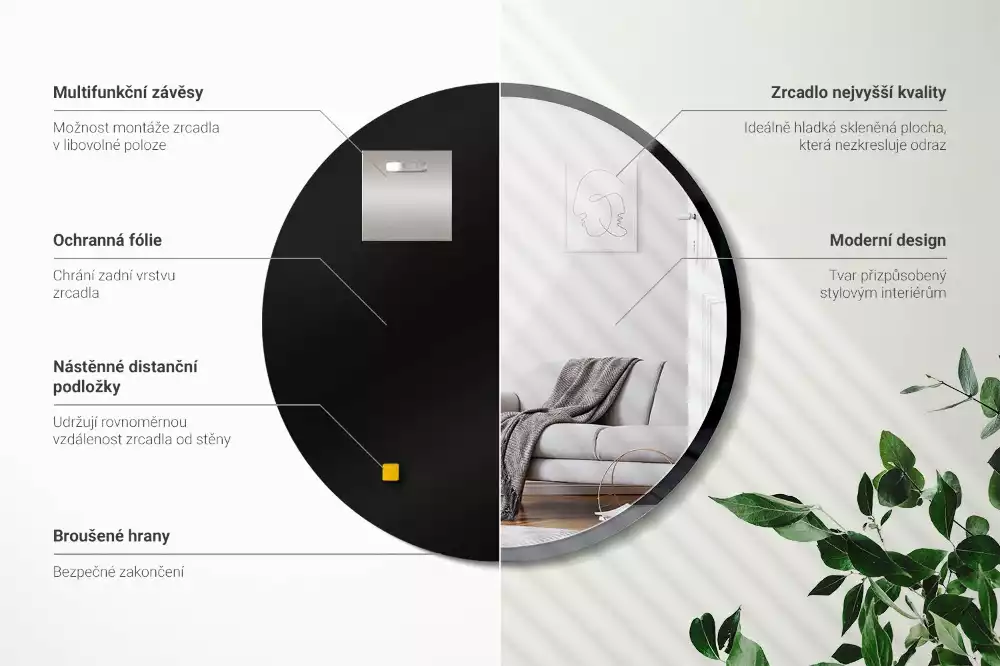 Oglindă rotundă de perete într-un cadru negru