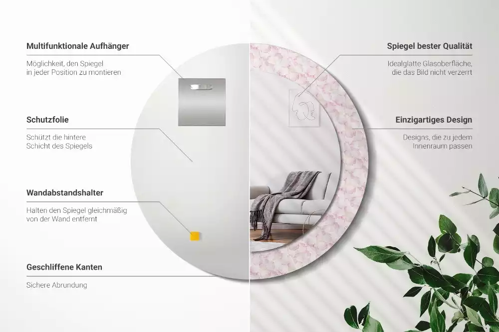 Oglindă rotundă imprimată Petale de flori