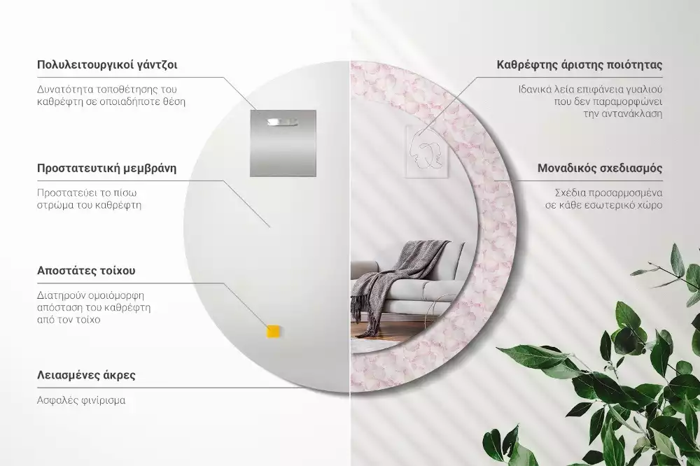 Oglindă rotundă imprimată Petale de flori