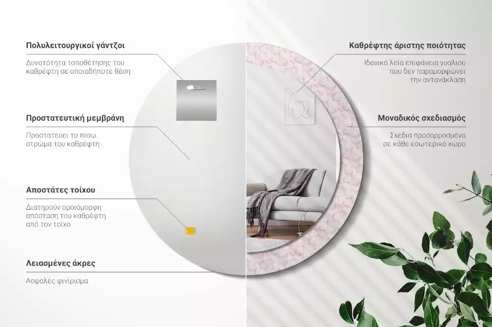 Oglindă rotundă imprimată Petale de flori