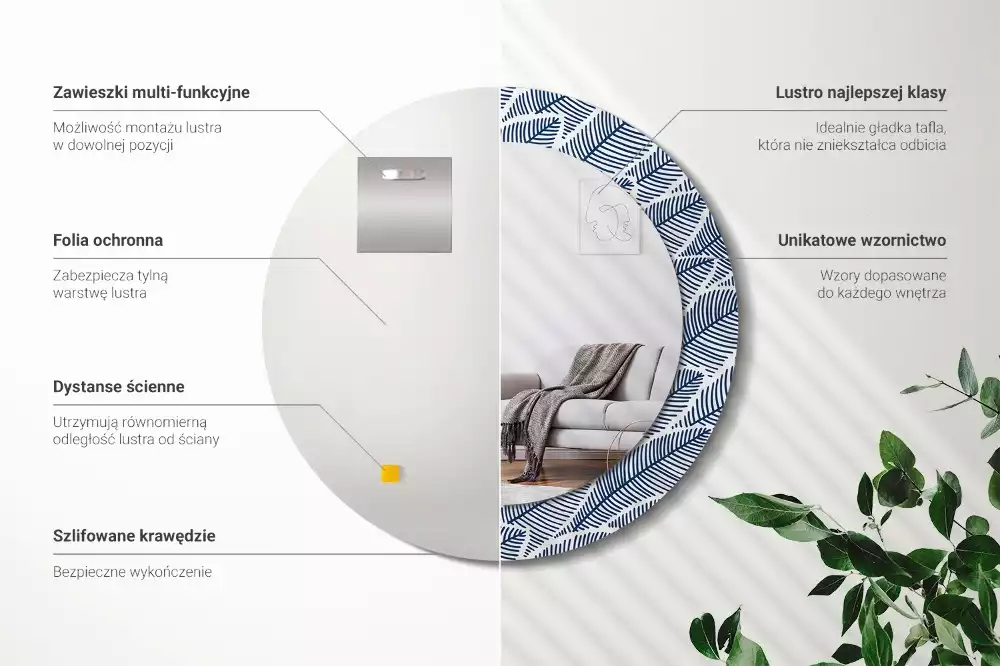 Oglindă rotundă imprimată Frunze