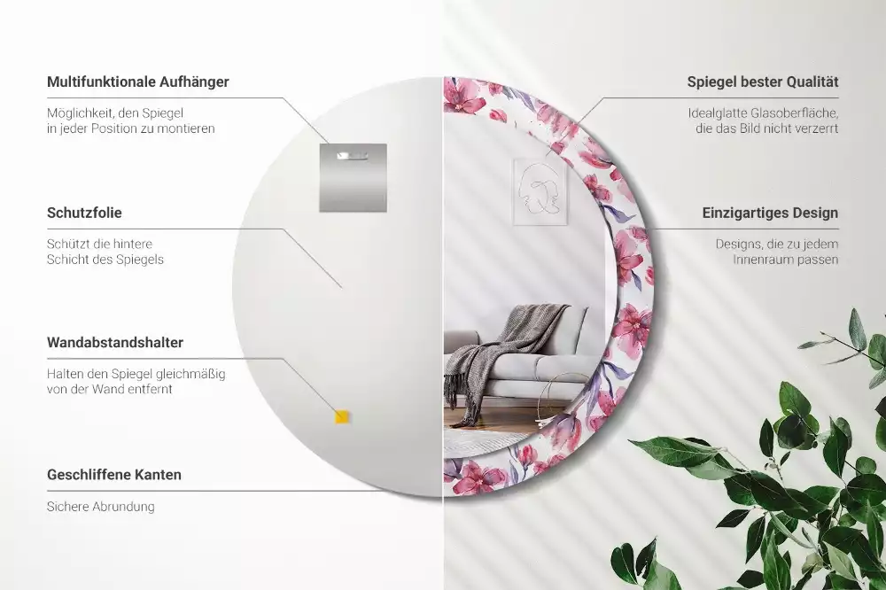 Oglindă rotundă ramă cu imprimeu Flori acuarelă