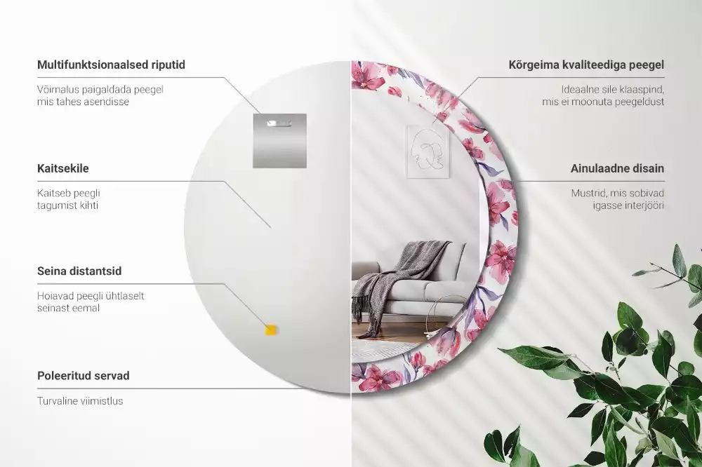 Oglindă rotundă ramă cu imprimeu Flori acuarelă