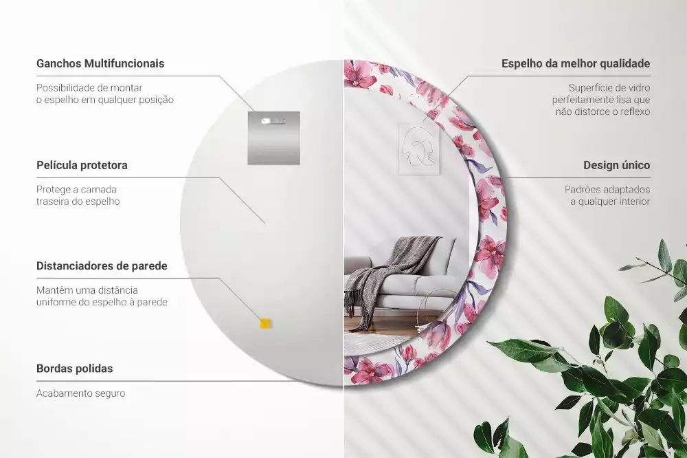 Oglindă rotundă ramă cu imprimeu Flori acuarelă