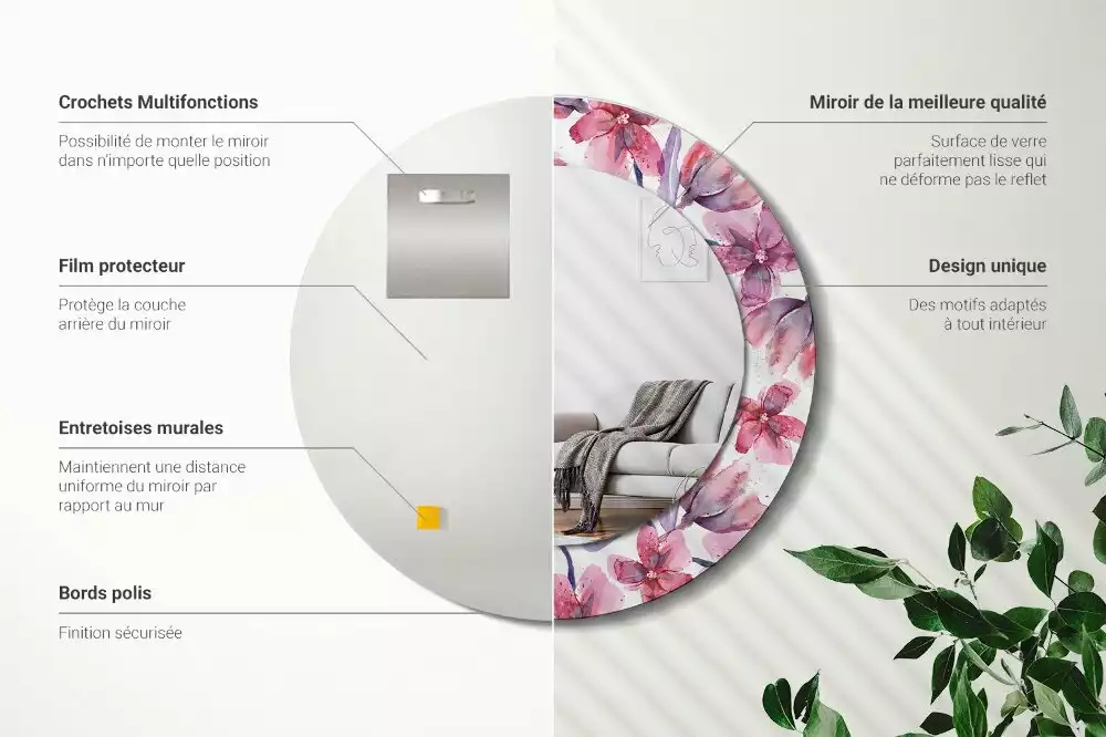 Oglindă rotundă ramă cu imprimeu Flori acuarelă