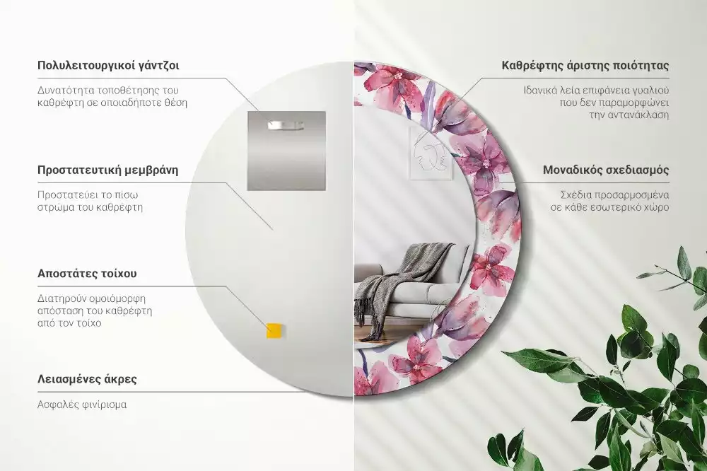 Oglindă rotundă ramă cu imprimeu Flori acuarelă