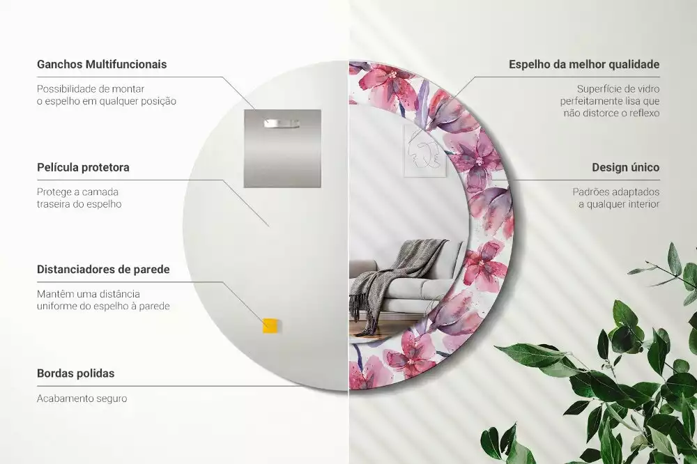 Oglindă rotundă ramă cu imprimeu Flori acuarelă