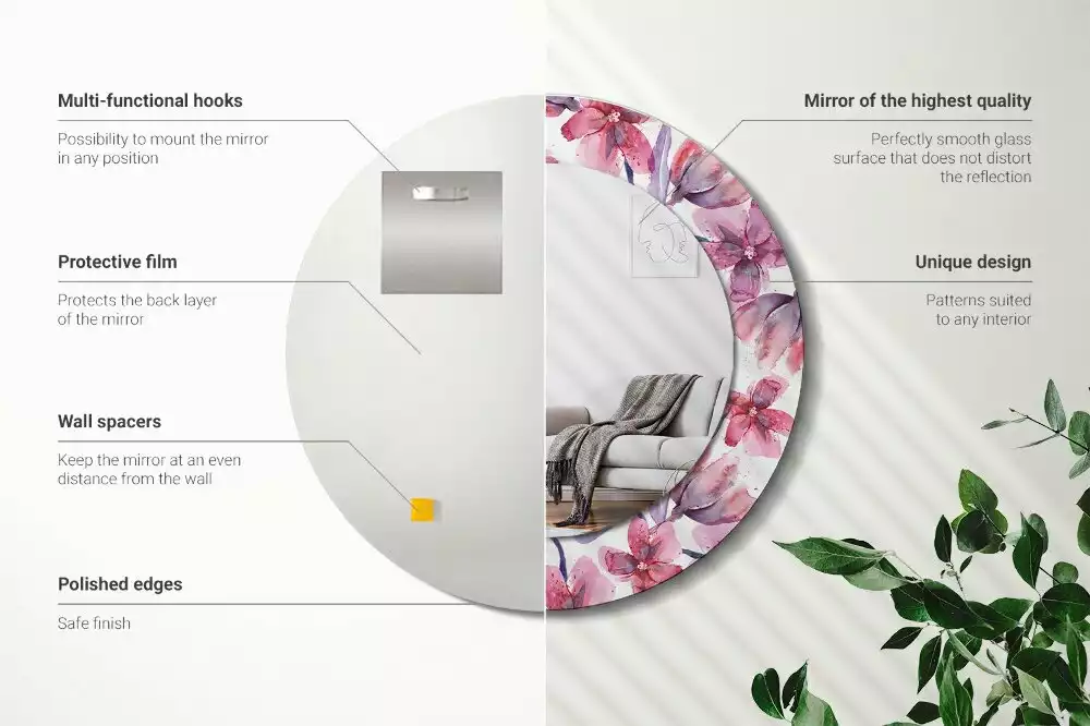 Oglindă rotundă ramă cu imprimeu Flori acuarelă