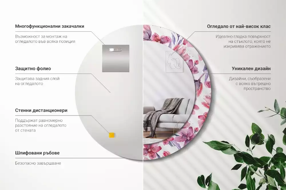 Oglindă rotundă ramă cu imprimeu Flori acuarelă