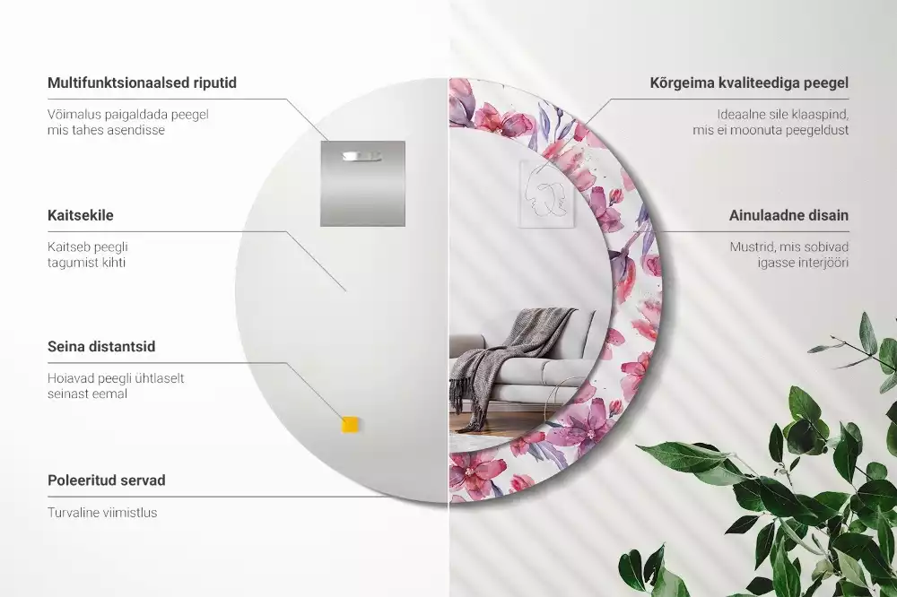 Oglindă rotundă ramă cu imprimeu Flori acuarelă