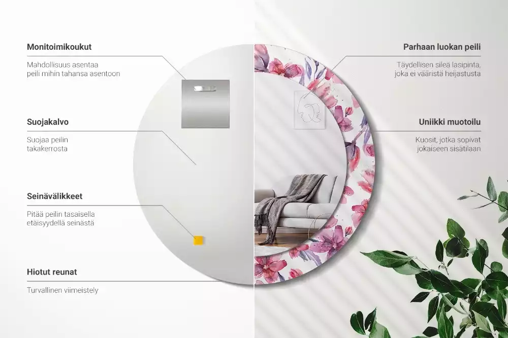 Oglindă rotundă ramă cu imprimeu Flori acuarelă