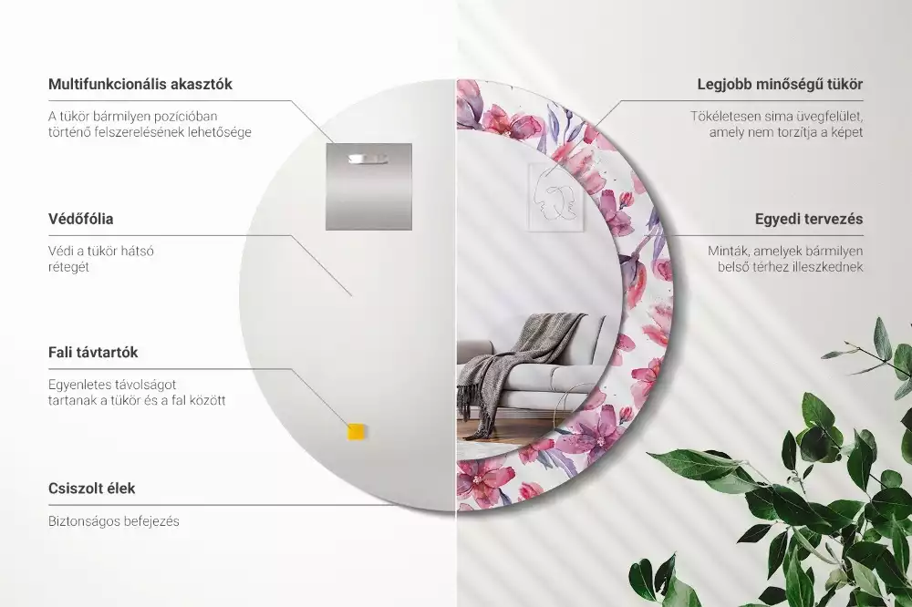 Oglindă rotundă ramă cu imprimeu Flori acuarelă