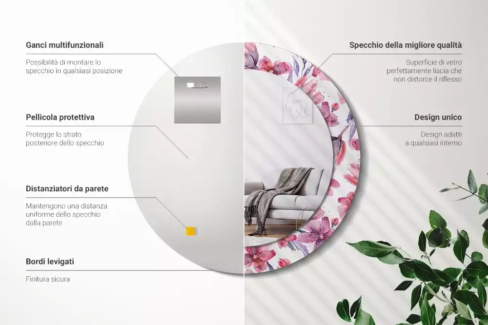 Oglindă rotundă ramă cu imprimeu Flori acuarelă