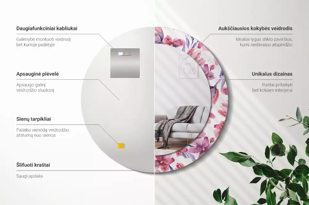 Oglindă rotundă ramă cu imprimeu Flori acuarelă