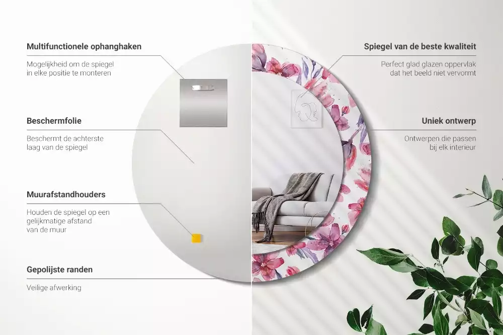 Oglindă rotundă ramă cu imprimeu Flori acuarelă