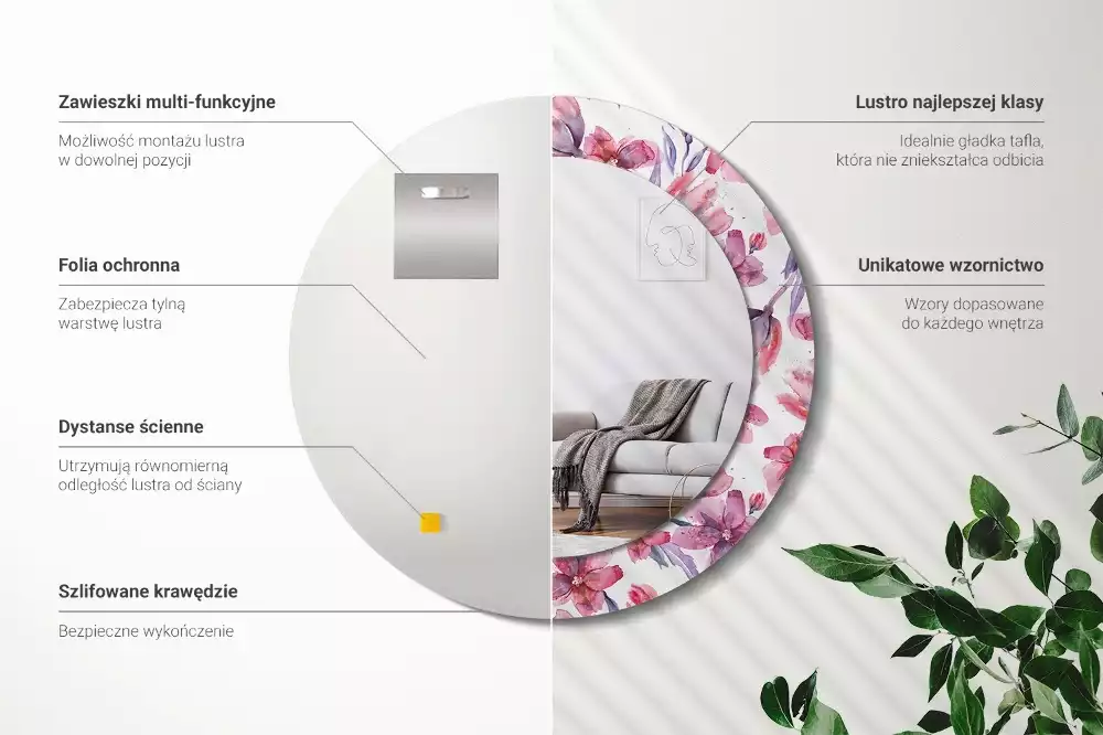 Oglindă rotundă ramă cu imprimeu Flori acuarelă