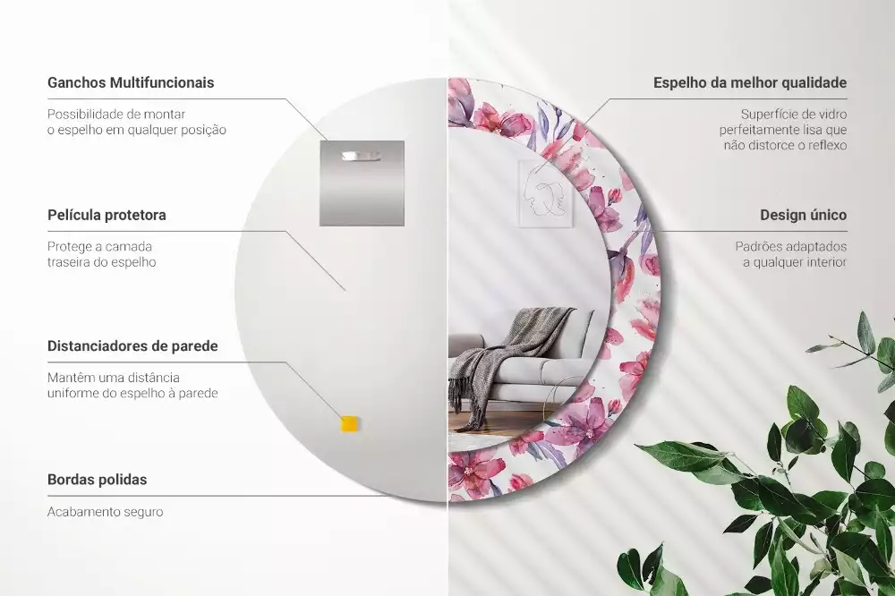 Oglindă rotundă ramă cu imprimeu Flori acuarelă