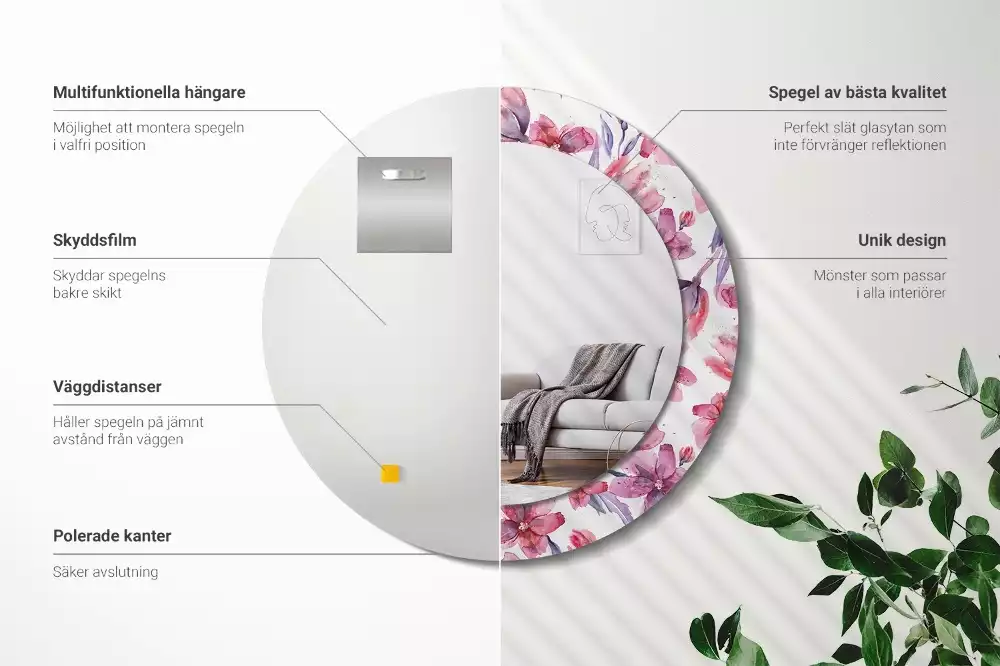 Oglindă rotundă ramă cu imprimeu Flori acuarelă