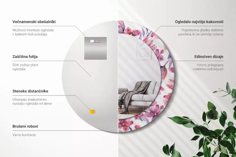 Oglindă rotundă ramă cu imprimeu Flori acuarelă