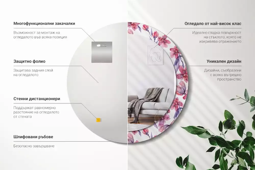 Oglindă rotundă ramă cu imprimeu Flori acuarelă