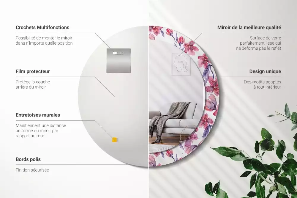 Oglindă rotundă ramă cu imprimeu Flori acuarelă