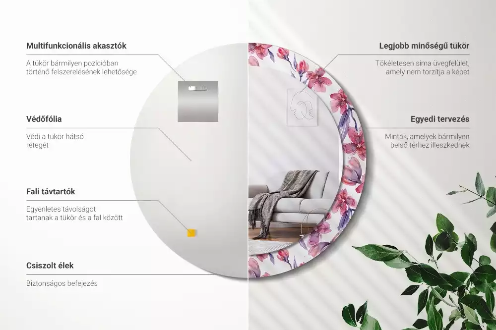 Oglindă rotundă ramă cu imprimeu Flori acuarelă