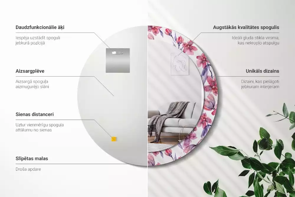 Oglindă rotundă ramă cu imprimeu Flori acuarelă