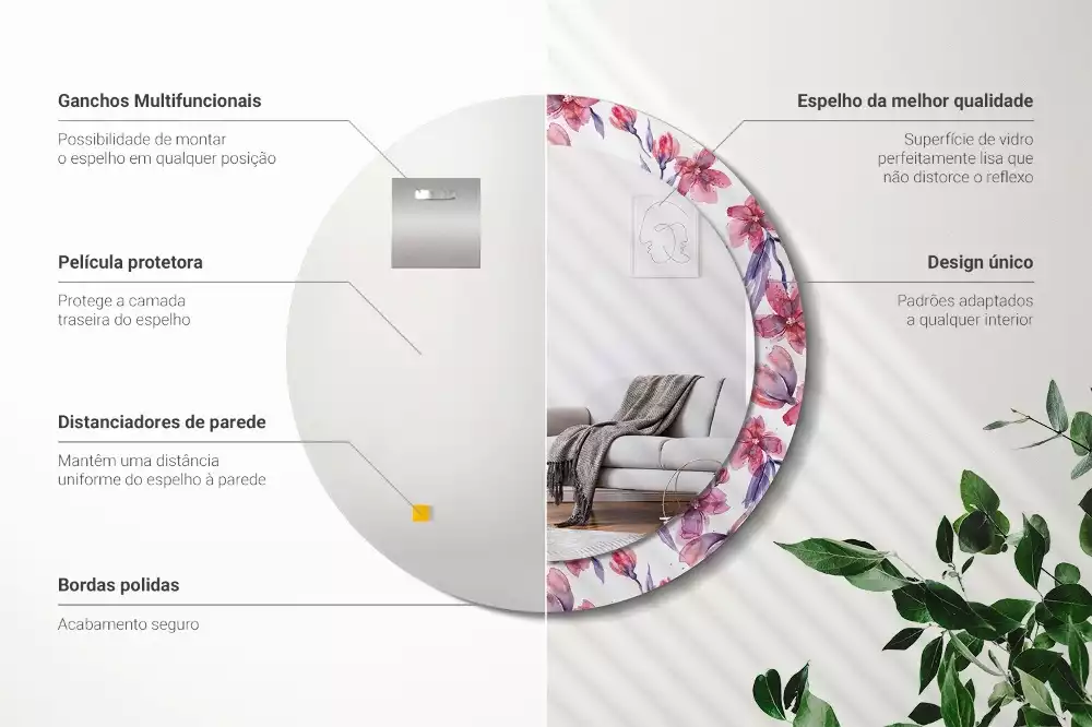 Oglindă rotundă ramă cu imprimeu Flori acuarelă